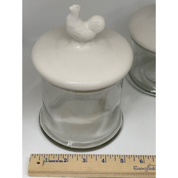 VTG Glass Canister Jar Set of 2 Porcelain Rooster Lids Farmhouse Kitchen Decor - Picture 11 of 12
